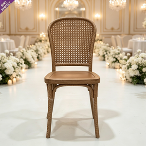 Chaise en résine plastique à dossier en rotin tressé, design moderne, couleur bois, forme goutte d'eau, dossier croisé en X, pour jardin, mariage, fête - Product Image 6