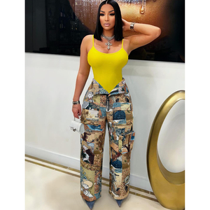 <span class=keywords><strong>Pantaloni</strong></span> Cargo da <span class=keywords><strong>Donna</strong></span> alla Moda in Jacquard Retrò con Tasche Multiple, Chiusura a <span class=keywords><strong>Bottoni</strong></span>, Vita Alta, Stile Casual e Streetwear - Product Image 1