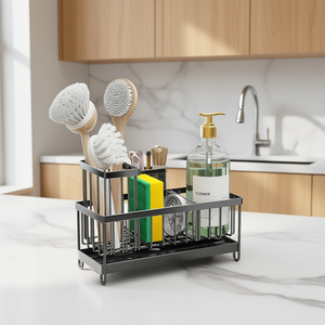 Organisateur d'évier de cuisine en acier inoxydable noir, support de rangement multifonctionnel pour comptoir, porte-éponge au design minimaliste - Product Image 2