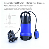 Pompe submersible portable 230V pour eaux usées avec interrupteur à flotteur automatique, personnalisable OEM, en plastique, pour eaux boueuses, pour sous-sol et jardin