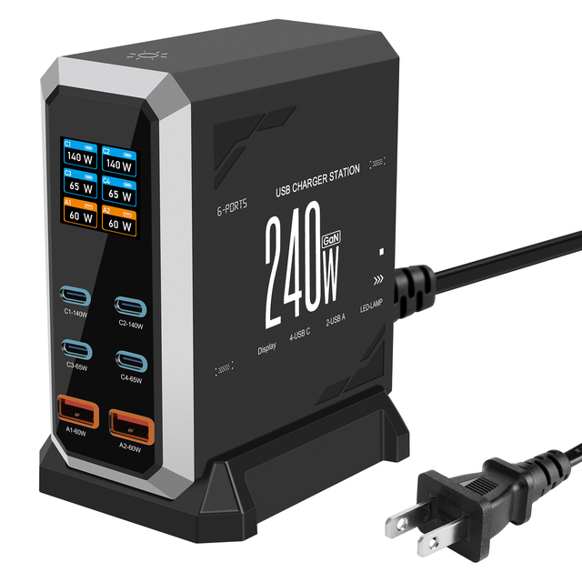 Factory Wholesale 240w 6 Port GAN Charger Digital Display 4C2A Charger Station US EU UK AU for Laptop Mobile Phone
