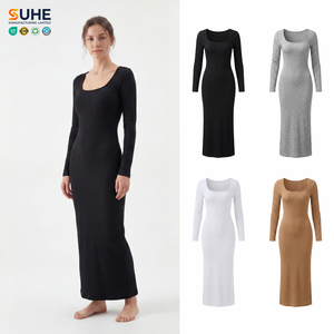 Robe moulante en maille à manches longues et col carré pour femme SUHE, longueur cheville, couleur unie, silhouette crayon, respirante, en coton et élasthanne - Product Image 1