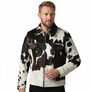 Chaqueta de Cuero Vacuno para Hombre, Estilo Motero, Estampado Animal, Cuello Camisero, Cierre de Cremallera, Corte Regular, para Otoño - Product Image 1