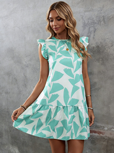 Mint Green <b>Leaf</b> Print Ruffled Sleeve A-Line Mini Dress for Women - Casual Vintage Spring Summer Vacation Dress - Product Image 2