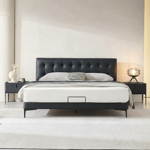 Lit plateforme moderne de luxe italien minimaliste avec tête de lit carrée capitonnée en cuir noir, disponible en tailles King et Queen - Product Image 2