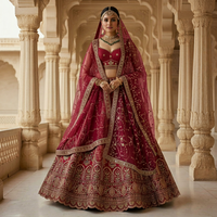 Lehenga Choli Bordir Merah dengan Dupatta, Pakaian Pernikahan Formal India Pakistan untuk Wanita