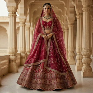 Red Embroidered <b>Lehenga</b> Choli with Dupatta Formal Bridal Indian Pakistani Wedding Outfit for <b>Women</b> - Product Image 1