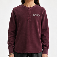 Kaos Henley Pria Musim Gugur 2026, Rajutan Waffle, Pewarnaan Batik, Efek Pudar, Polos, Longgar, Lengan Panjang, Kancing Dada
