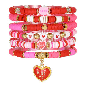 Valentine's Day Women's <b>Beaded</b> <b>Bracelet</b> Set Heart Shape Love Gift Jewelry Pink Red Charm <b>Bracelets</b> for Girls - Product Image 5