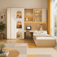 ARET Chambre de fille moderne avec armoire intégrée, bureau et lit, unité avec armoire vitrée et éclairage LED chaud, OEM