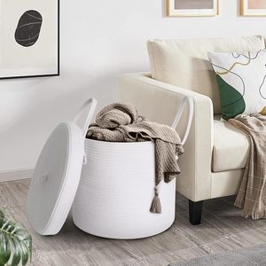 Large 15\" X 13\" Modern White <strong>Wicker</strong> <strong>Storage</strong> <strong>Basket</strong> Cotton Rope Lid Kids Decorative Toy Bin Box Cover for Baby <strong>Storage</strong> Fabric - Product Image 5
