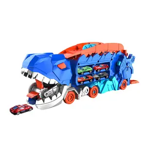 Camión de almacenamiento de dinosaurios 2 en 1, juguete fundido a presión para tragar, coche de Metal que se transforma en pisotón T-Rex con coches deslizantes, pista de carreras