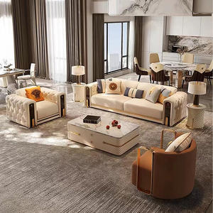 طقم أريكة تشيسترفيلد من الجلد بتصميمات عصرية فاخرة، وكنبة لشخصين منجدة، وكنبة مقطعية بإطار من الخشب الصلب، أثاث لغرفة المعيشة - Product Image 6