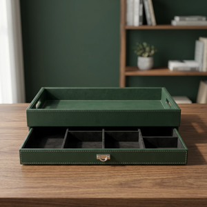 Organiseur de bureau en cuir vert avec tiroir et compartiments - Product Image 5