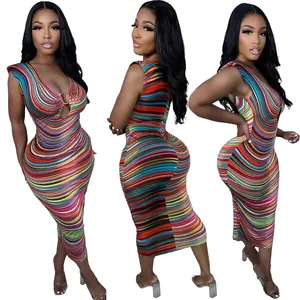 Stripe Sexy V-Neck Bodycon Dresses For Woman Clothes Vestido De Festa Sleeveless Streetwear Slim and Elegant Topless Dress