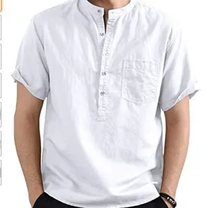 जम्मू एंड एच फैशन 2022 गर्मियों में गर्म कपास और लिनन शर्ट पुरुषों की ठोस रंग जेब लघु बांह की कमीज भट्ठा