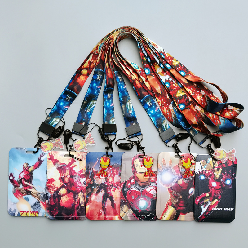 Anti-Lost Phone Neck Lanyards Anime Lovely Cartoon Marvel Iron Man Plastic Card Holder Campus Student ID Badge Card Case Cover