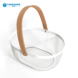 Nouveau panier de rangement ovale <span class=keywords><strong>en</strong></span> métal grillagé avec poignée <span class=keywords><strong>en</strong></span> <span class=keywords><strong>bois</strong></span> pour la <span class=keywords><strong>cuisine</strong></span>, les fruits, l'organisation de la salle de bain - Product Image 4