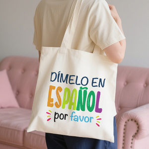 Bolsa de tela colorida con frase en español - Impresión de la frase "Dimeelo en español por favor", bolsa de compras reutilizable, gran capacidad - Product Image 2