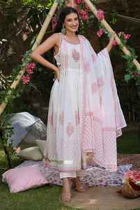 Robe anarkali faite à la main avec dupatta rose Mulmul main bloc imprimé fleuri demi Style Kurta ensemble pour femmes mariage - Product Image 6