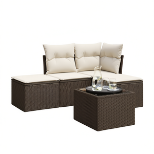 Conjunto de Sofá de Jardín de Ratán Blanco Crema y Marrón con Cojines, 3 Plazas, Muebles de Exterior, Diseño Contemporáneo - Product Image 1