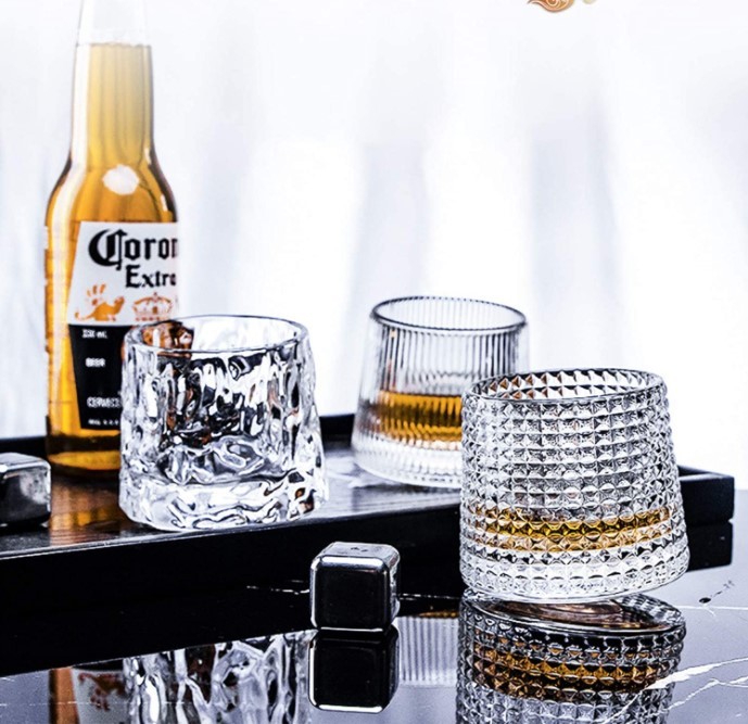Spherical Bottom Rotatable Crystal Whiskey Glasses 5oz 3 PCS , for Drinking Whisky, Cocktails, Cognac (Strip/ Lattice/ Irregular