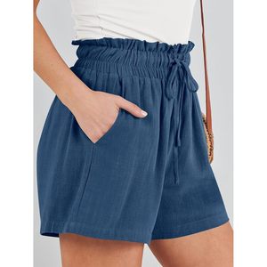 FOXA Pantalones cortos de lino para mujer, de verano, de cintura alta, con cordón, holgados, de pierna ancha, informales, para vacaciones en la playa, con bolsillos - Product Image 4