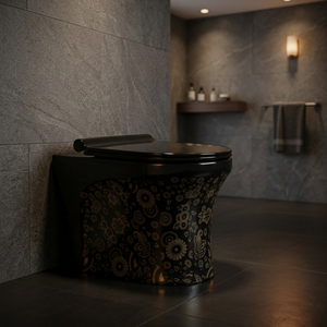 WC en céramique noir imprimé rétro, à poser au sol, de style européen, pour salle de bain - Product Image 3