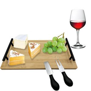 Plateau de service à fromage en bambou 35x20cm, couleur bois naturel, planche à découper rectangulaire avec poignées noires pour l'association fromage-vin - Product Image 1