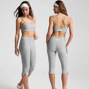 Eco Friendly Solid Color Bra Top And Mid-Rise Waistband Side Slit Classic Length Capri Pants <b>Legging</b> Sets for <b>Women</b> - Product Image 1