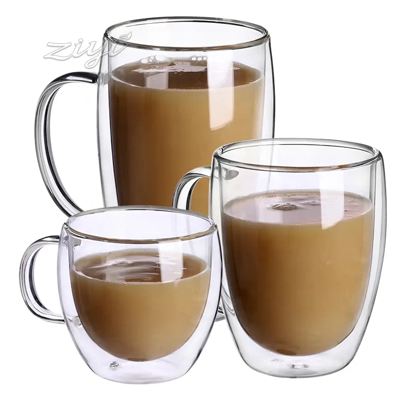 Handgemaakte Hittebestendige Hoge Borosilicaat Glazen Beker Dubbele Wand Doorzichtige Glazen Koffiekop Mok Met Handvat