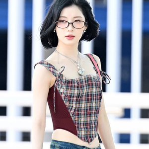 Color Block Plaid Mesh Patchwork Camisole Crop Top Women <b>Spaghetti</b> <b>Strap</b> Slim Fit Y2K Retro Casual Versatile Summer Top - Product Image 6