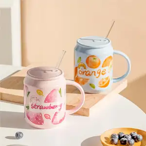 Hoog Uiterlijk Niveau Koreaanse Creatieve Kan Fruitvorm Met Deksel Sippy Cup Meisje Instagram Schattige Drank Keramische Beker Met Handvat