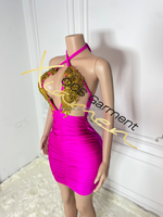 Robe de soirée sexy Ocstrade Fashion Design en strass dorés, style licou, ajourée, froncée, courte, pour club et fête