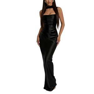 Vestido Largo Formal de Satén para Mujer con Cuello Halter y Cintura Fruncida con Lazo, con Pañuelo a la Moda - Product Image 3