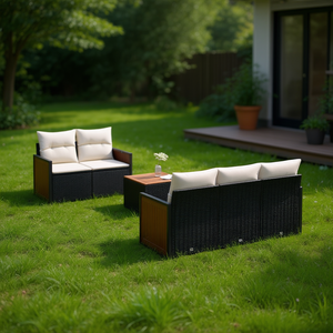 Black <b>Rattan</b> Garden <b>Sofa</b> Set 6 Seater Weather Resistant Outdoor Furniture Contemporary Design Teak Wood Frame - Product Image 2