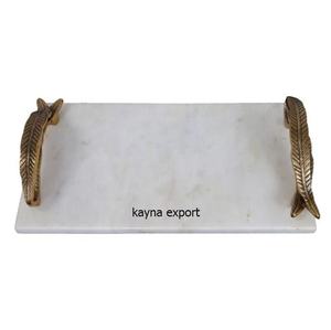 มาใหม่ถาดหินอ่อนสำหรับตกแต่งดีไซน์ทันสมัยพร้อมด้ามจับใบมีดของนักออกแบบถาดหินอ่อนพร้อมด้ามจับสีทองลายดอกไม้โลหะ - Product Image 1