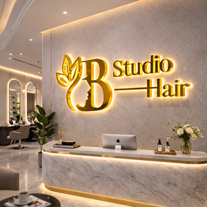 ป้ายโลโก้โลหะ 3 มิติ แบบกำหนดเอง, ป้ายไฟ LED, ป้ายไฟ LED สำหรับธุรกิจ, โลโก้โลหะแบบกำหนดเองสำหรับตกแต่งร้านเสริมสวย - Product Image 1