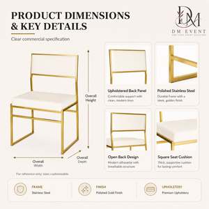 Wholesale Modern Gold Stainless Steel Square Back <b>Dining</b> <b>Chair</b> with White Cushion for Wedding Hotel Banquets - Product Image 4