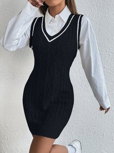 Robe longue <span class=keywords><strong>sans</strong></span> manches à <span class=keywords><strong>col</strong></span> en <span class=keywords><strong>V</strong></span> <span class=keywords><strong>pour</strong></span> <span class=keywords><strong>femme</strong></span>, <span class=keywords><strong>pull</strong></span> tricoté décontracté de style académique - Product Image 6