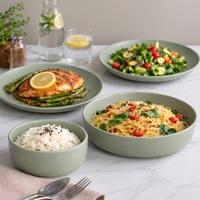 Service de vaisselle GuangDa de luxe en grès mat vert sauge, style nordique, 16 pièces, assiettes et bols minimalistes, compatible lave-vaisselle et four