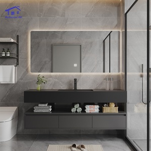 Black minimalist luxury smart mirror cabinet with hanging cabinet body white washbasin and marble countertop - Product Image 6