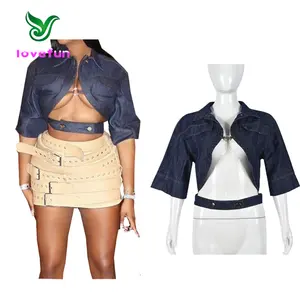 2023 Mùa Thu Thời Trang Sexy Crop Denim Áo Khoác Nửa Tay Áo Áo Cardigan Áo Khoác Bàn Xuống Cổ Áo Ngắn Denim Áo