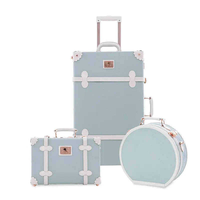 Embossed Blue Vintage 3-Piece Suitcase Set 26"+20"+13" Women's Cute Carry-On Luggage with Hat Box & Cosmetic Case for Travel