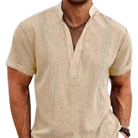 Kemeja Pria Lengan Pendek Motif Garis-garis dan Polos Kancing Henley Gaya Kuba Guayabera Bahan Katun Linen, Laris Manis Musim Panas Grosir EU/AS