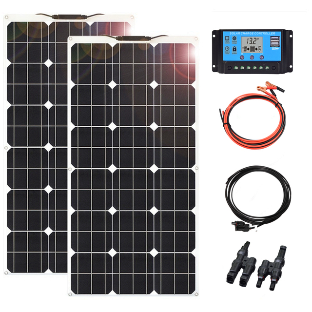18V 100W 200W 300W 400W Monocrystalline Flexible Solar Panels Kit With PWM Controller For 12V/24V Battery Charger/Home/RV/Boat