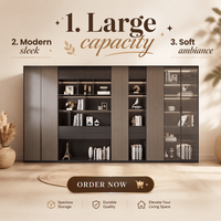 Bibliothèque modulaire minimaliste moderne en bois foncé avec panneau arrière cannelé et étagères LED