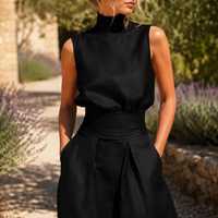 Ensemble deux pièces en lin bohème OEM ODM pour femme, tenue d'été ample avec pantalon large et haut sans manches, ensemble décontracté pour femme