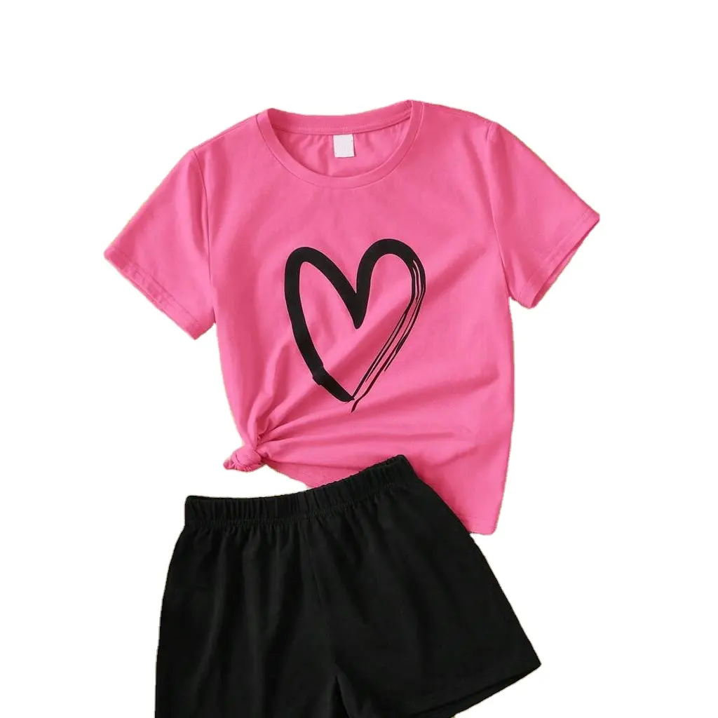 Kids EVRYDAY Tween Girl 2pcs Casual Heart Pattern T Shirt And Shorts Set