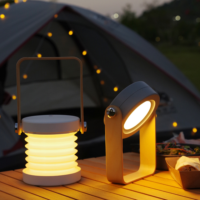 Collapsible Led Camping Lanterns Battery Powered Foldable Table Light Portable Wooden Handle Nightstand Usb Desk Night Light